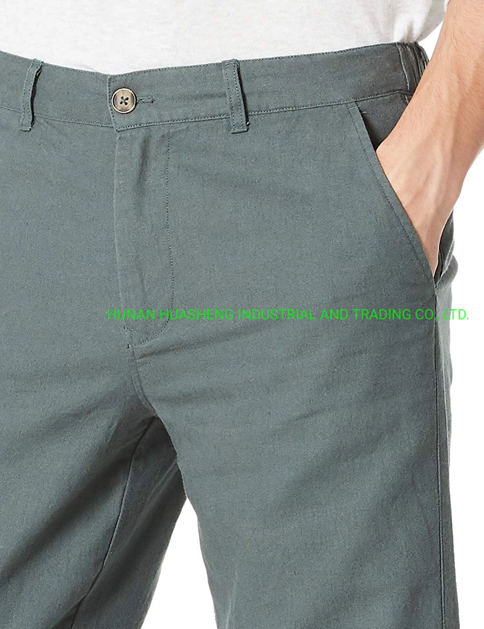 Men′s Breathable Drawstring Linen Cotton Blend Ninth Pants Grass Green